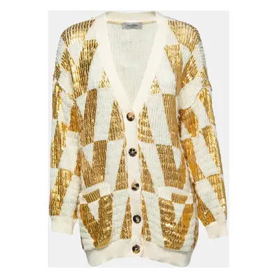 Valentino White & Gold Coated Wool Knit Oversized Cardigan