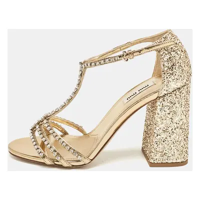 Miu Miu Gold Glitter and Leather Crystal Embellished Ankle Strap Sandals Size