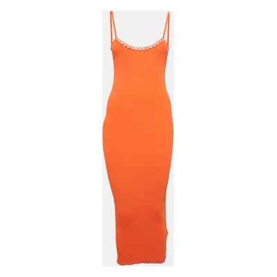 Area Orange Rib Knit Crystal Embellished Midi Dress