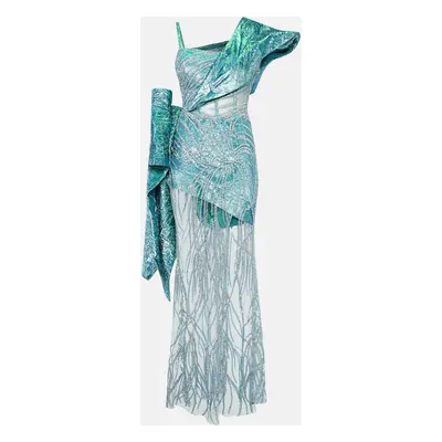 Ihlab Jiryis Mermaid Blue Sheer Embellished Tulle and Lurex Jacquard Asymmetric Gown