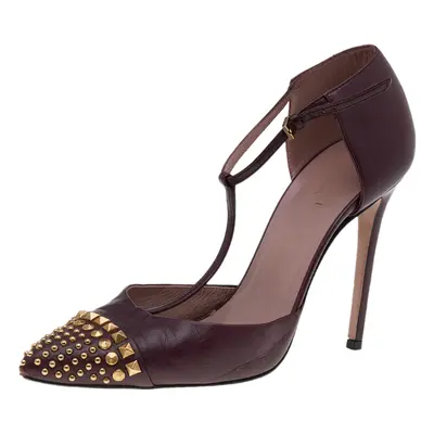 Gucci Burgundy Leather Coline Studded T Strap Pumps Size