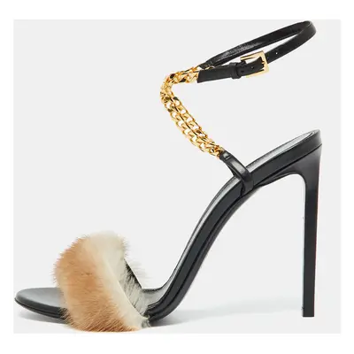 Tom Ford Beige/Black Mink Fur and Leather Ankle Strap Sandals Size