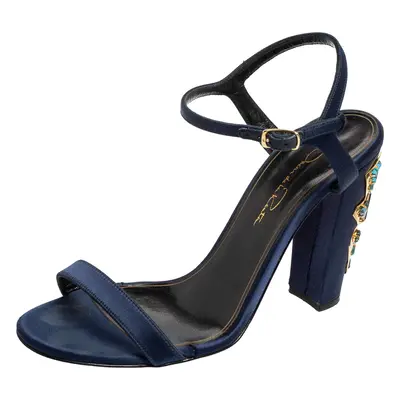 Oscar de la Renta Navy Blue Satin Lemmy Embellished Ankle Strap Sandals Size 37.5