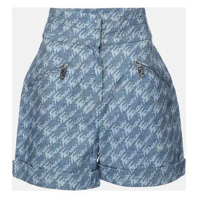 Fendi Blue Brushed Logo Denim High Rise Short