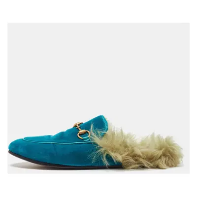 Gucci Blue Velvet and Fur Lined Princetown Flat Mules Size