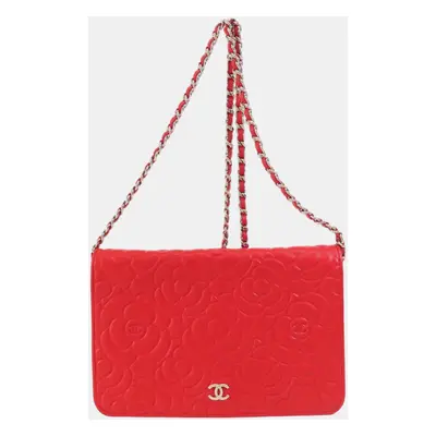 Chanel Red Camellia Leather Embossed Wallet On Chain