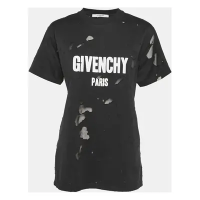 Givenchy Black Logo Print Distressed Cotton Crew Neck T-Shirt