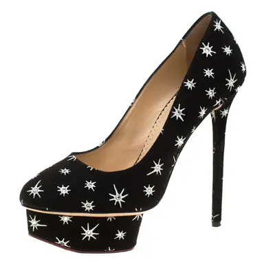 Charlotte Olympia Black Crystal Embellished Printed Suede Joise Platform Pumps Size 38.5