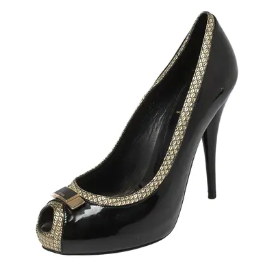 Fendi Black Patent and Textured Leather Peep Toe Platform Pumps Size