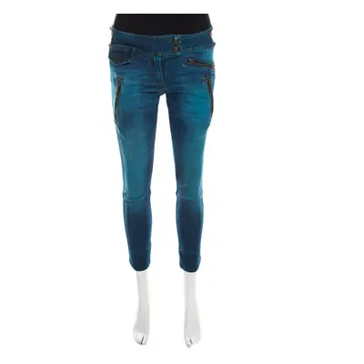 Just Cavalli Indigo Pigment Overdyed Denim Zipper Detail Tapered Jeans