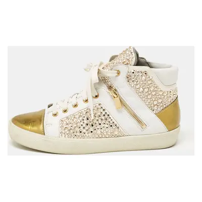 Gina White/Gold Leather Crystal Embellished High Top Sneakers Size