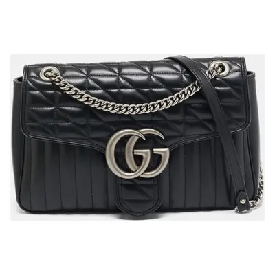 Gucci Black Mixed Matelassé Leather Medium GG Marmont Shoulder Bag