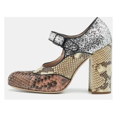 Miu Miu Multicolor Glitter and Python Mary Jane Block Heel Pumps Size