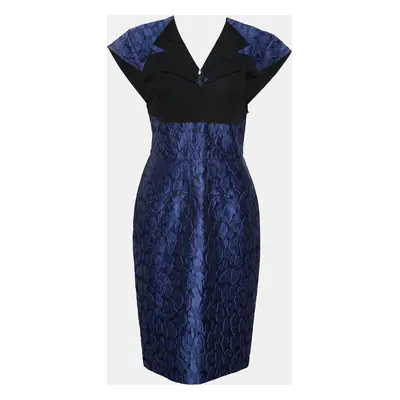 Roland Mouret Navy Blue Mirah Jacquard Cotton Silk Midi Dress