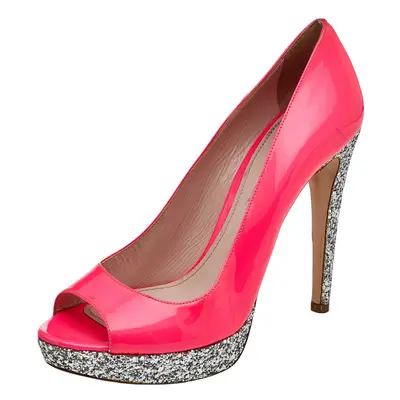 Miu Miu Neon Pink Patent Leather Peep Toe Pumps Size 38.5