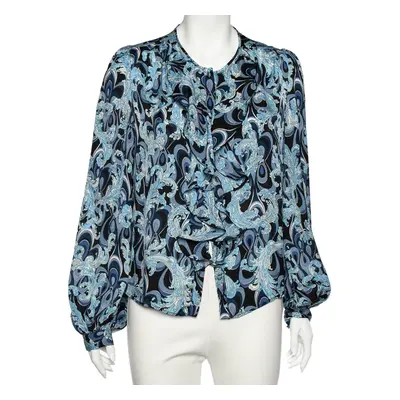 Emilio Pucci Blue Printed Silk Ruffle Detail Button Front Top