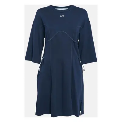 Off-White Navy Blue Cotton Knit Adjustable Waist Short Dress