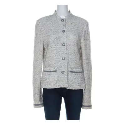 St. John Cream Knit Shoulder Padded Button Front Jacket