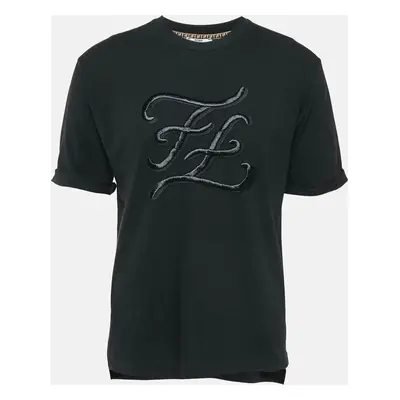 Fendi Black FF Karligraphy Embroidered Jersey Crew Neck T-Shirt