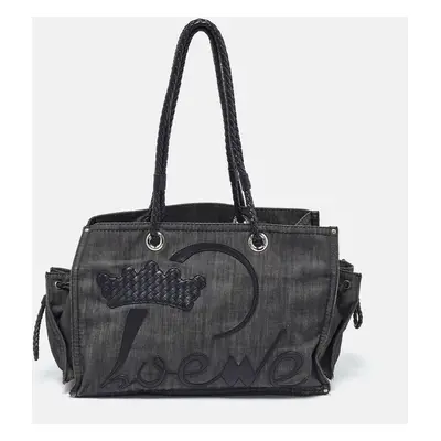 Loewe Black Denim and Leather Logo Shopper Tote