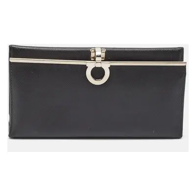 Salvatore Ferragamo Black Leather Gancini Clasp Continental Wallet