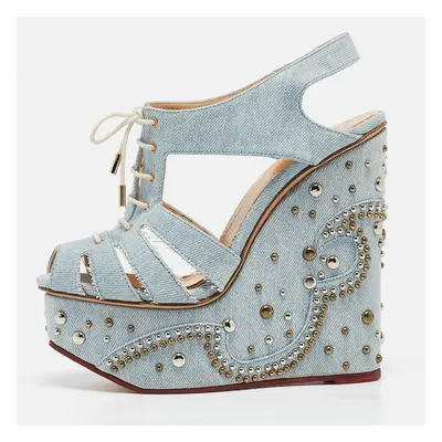 Charlotte Olympia Blue Denim Studded Cut Out Wedge Platform Sandals Size