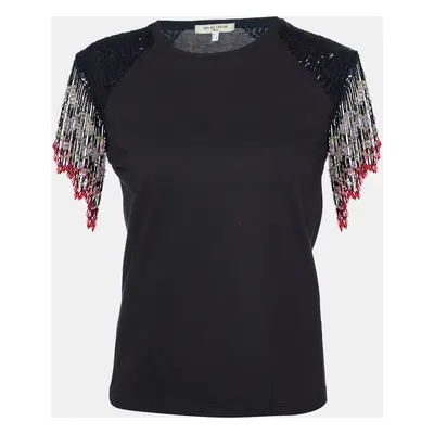 See by Chloe Black Beaded Tassels Sleeve Cotton Top