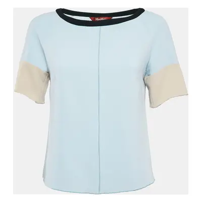 Max Mara Studio Blue Contrast Trim Crepe Short Sleeve Blouse