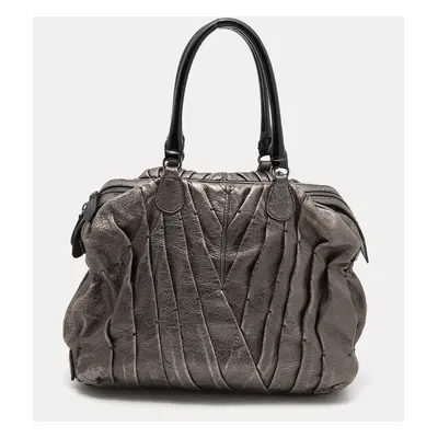 Valentino Metallic Grey Leather Maison Pintucked Shopper Tote