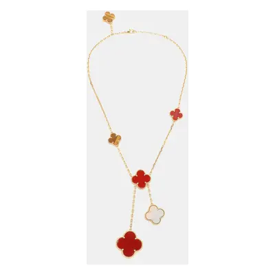 Van Cleef & Arpels Magic Alhambra Motif Carnelian Tiger's Eye 18K Yellow Gold Pendant Necklace