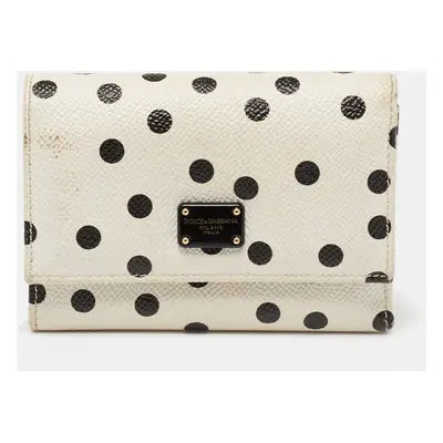 Dolce & Gabbana White/Black Polka Dot Print Leather Trifold Compact Wallet