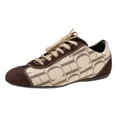 CH Carolina Herrera Brown/Beige Suede And Monogram Canvas Low Top Sneakers Size