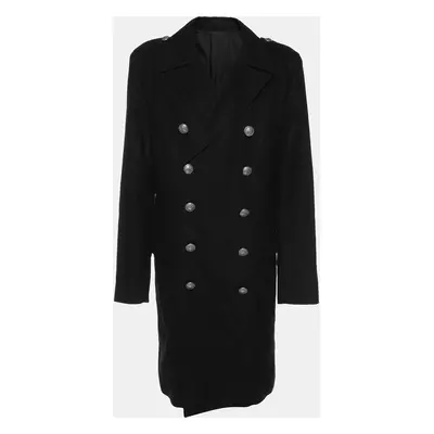 Balmain Black Viscose Blend Double Breasted Long Coat