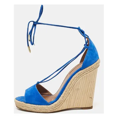 Aquazzura Blue Suede Ankle Tie Wedge Sandals Size