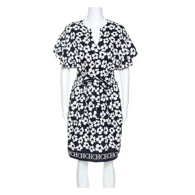 CH Carolina Herrera Navy Blue Floral Print Silk and Linen Blend Dress