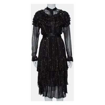 Dodo Bar Or Black Lurex Chiffon Ruffle Detail Tiered Belted Midi Dress