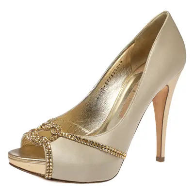 Gina Beige Satin Crystal Embellished Peep Toe Pumps Size