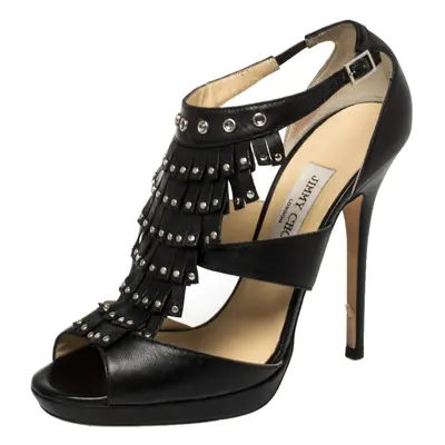 Jimmy Choo Black Leather Studded Fringe Platform Sandals Size