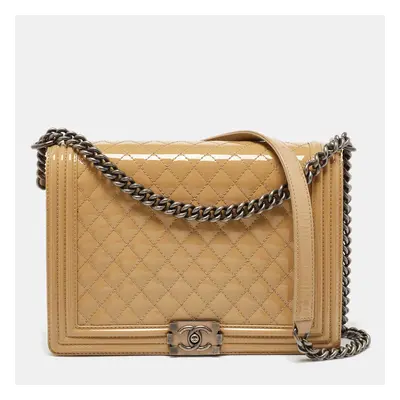 Chanel Beige Quilted Patent Leather Large Boy Flap Bag