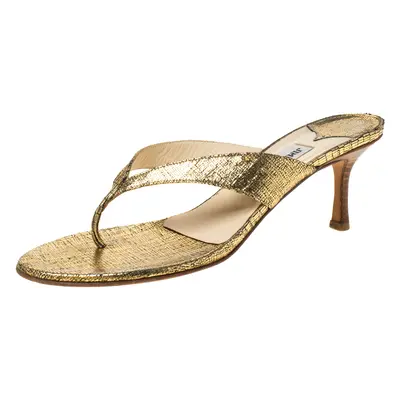 Jimmy Choo Gold Textured Leather Thong Wooden Heel Sandals Size 39.5