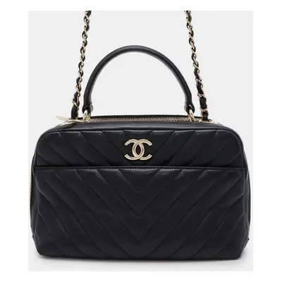 Chanel Black Lambskin Trendy Bowling Bag With Logo