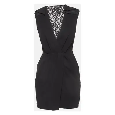 Elisabetta Franchi Black Lace Time Crepe Mini Wrap Dress