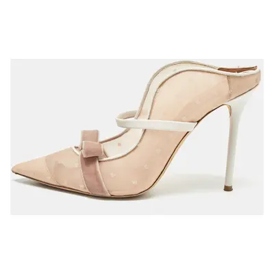 Manolo Blahnik Beige/White Mesh and Leather Marguerite Mules Size