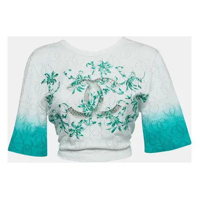 Chanel White/Green Ombre Cotton Knit Twisted Logo Cutout Crop Top