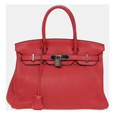 Hermes Red Clemence Leather Birkin Tote Bag