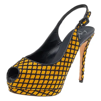 Giuseppe Zanotti Yellow/Black Suede And Fabric Platform Peep Toe Slingback Sandals Size 38.5