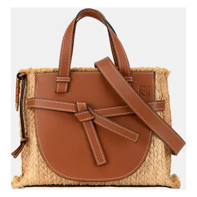 Loewe Beige/Brown Small Raffia and Leather Gate Top Handle Bag