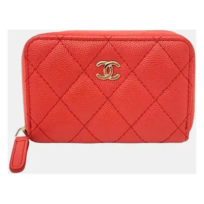 Chanel Orange Caviar Leather Zip Around CC Wallet