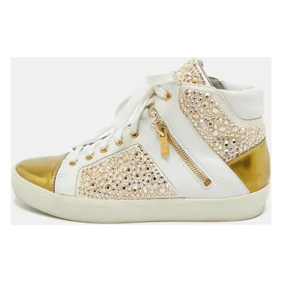 Gina White/Gold Leather Strass Embellished High Top Sneakers Size