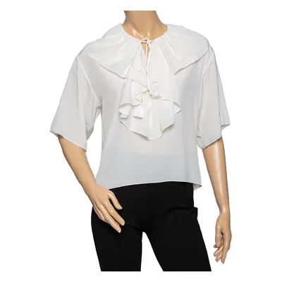 Chloe Off White Silk Ruffle Trimmed Neck Tie Detail Blouse